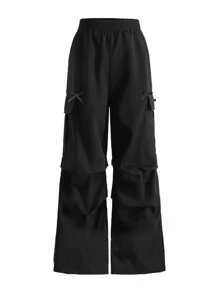 2 piezas Conjunto informal para niña preadolescente con sudadera con capucha oversize con estampado de letra de paisaje y pantalones cargo con acento de lazo. Ropa adecuada para otoño/invierno, estilo deportivo y urbano