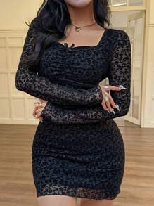 Women's Long Sleeve Casual Mini Dress With Diamante Collar And Bow Decoration Fall Cloth For Women - Black - View 4