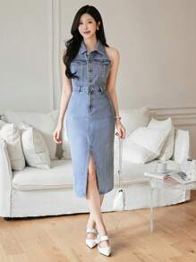 DAZY 西式女式牛仔服装水洗纽扣开衩无袖女士牛仔连衣裙 - 中等水洗藍 - 查看 4