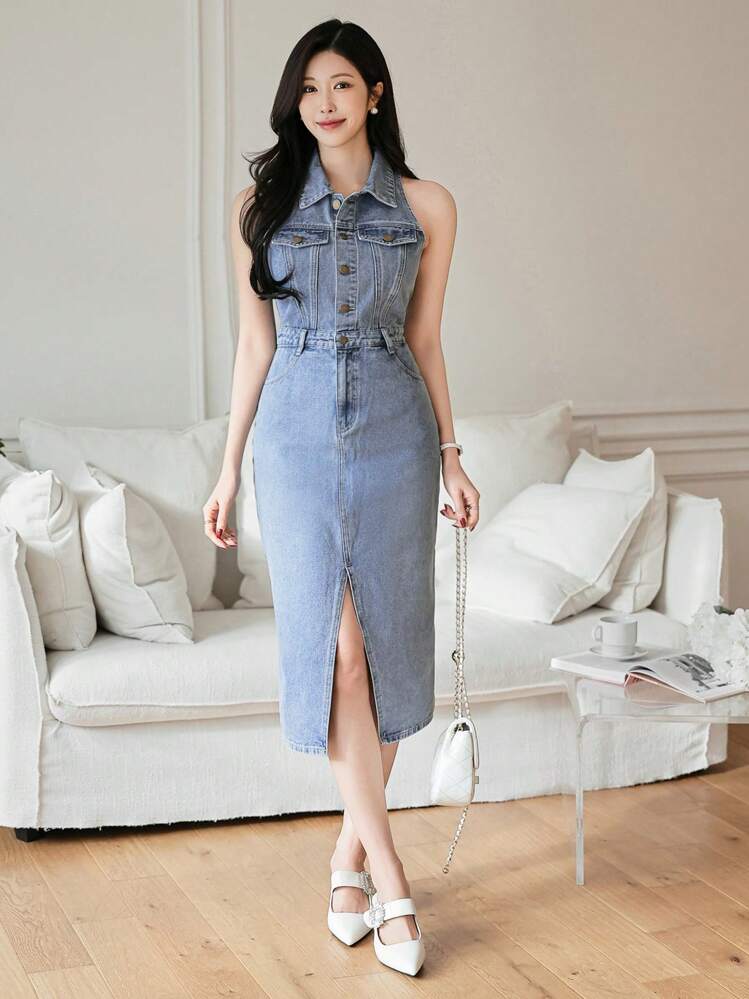 DAZY Vestido Denim de Estilo Cowgirl Feminino, Lavado, com Botões e Fenda, Sem Mangas para Mulheres - Lavagem Média - Visão 4
