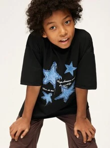 SHEIN Explorewe Camiseta de manga corta con cuello redondo y bordado de estrella, estilo casual de calle para niño preadolescente, verano - Negro - Ver 4