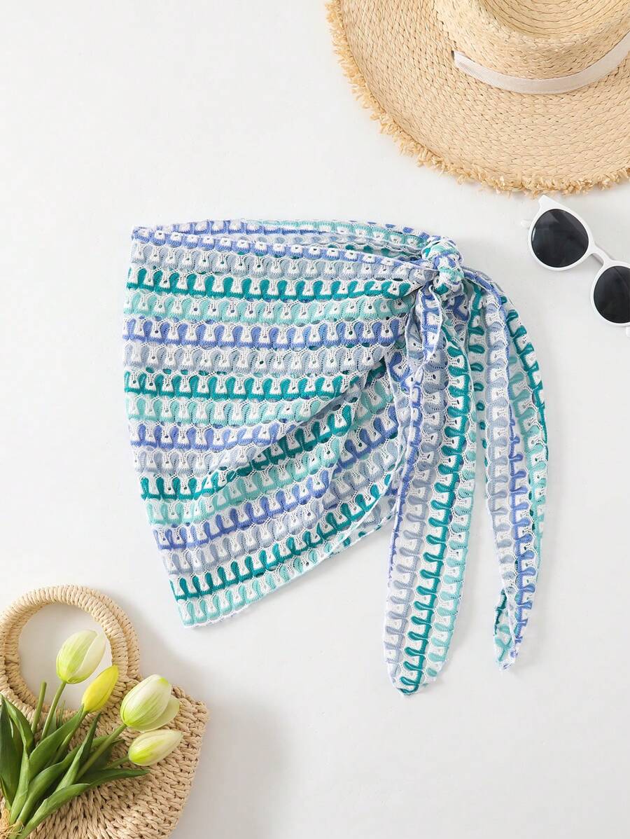 Women Summer Beach Semi-Sheer Textured Tie-Up Cover Up - Multicolor - View 1