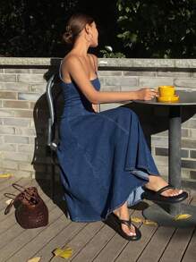 DAZY Vestido-mono casual de mezclilla con pliegues y largo vestido de tela vaporosa para mujer