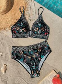 Vivid Eden Women's Spaghetti Strap Printed Minimalist Bikini Swimwear Top, Casual Bathing Suit Top, For Summer Beach Vacation