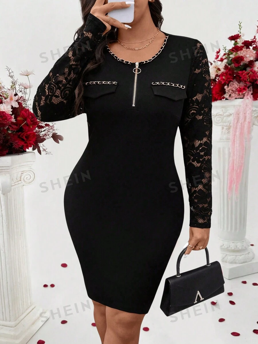 SHEIN Clasi Vestido ajustado elegante de encaje y parche en talla grande para el Día de San Valentín