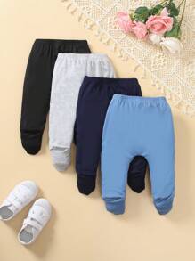 SHEIN Vintaside Kids 4 件套男婴纯色简约连脚裤，适合运动、家居和休闲装，春秋季 - 黑色 - 查看 2