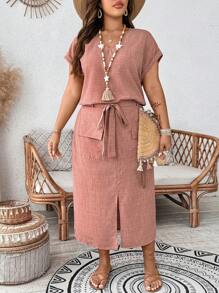 SHEIN LUNE Plus-Size Women's Woven Plain Casual Summer Two-Piece Set