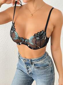 1pc Embroidery Padded Lingerie Brassiere With Underwire For Women