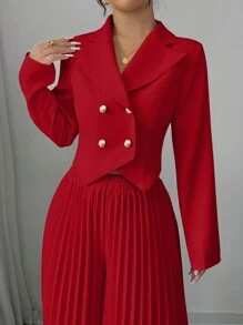 Elenzga 2pcs Women's Set With Waist Cinching Button, Pleated Asymmetric Design Fall Cloth For Women - Red - View 3