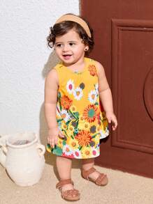 Baby Girl Mommy And Me Matching Outfits (2 Pieces Are Sold Separately)Yellow Summer Cute Floral Print Vacation Dress,For Spring/Summer
