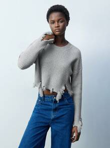 Maija Pullover grigio oversize da donna, a maniche lunghe, lasco, con scollo a ciambella, orlo sfilacciato e consumato, adatto per l'autunno/inverno