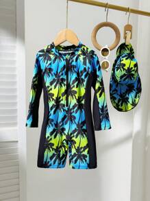 SHEIN Young Boy Long Sleeve Tropical Palm Tree Print Swimsuit With Sun Hat, Beachwear For Boys, Suitable For Summer Vacation, Beach, Swimming - Multicolor - View 1