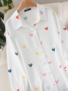 CosyJoli Chemise d'amour pour femmes grandes tailles, Top mignon, Top imprimé amour, chemise blanche décontractée, Top pour rendez-vous, hauts pour les vacations de la Saint-Valentin, hauts décontractés pour femmes, hauts mignons pour sortir, hauts décontractés pour femmes