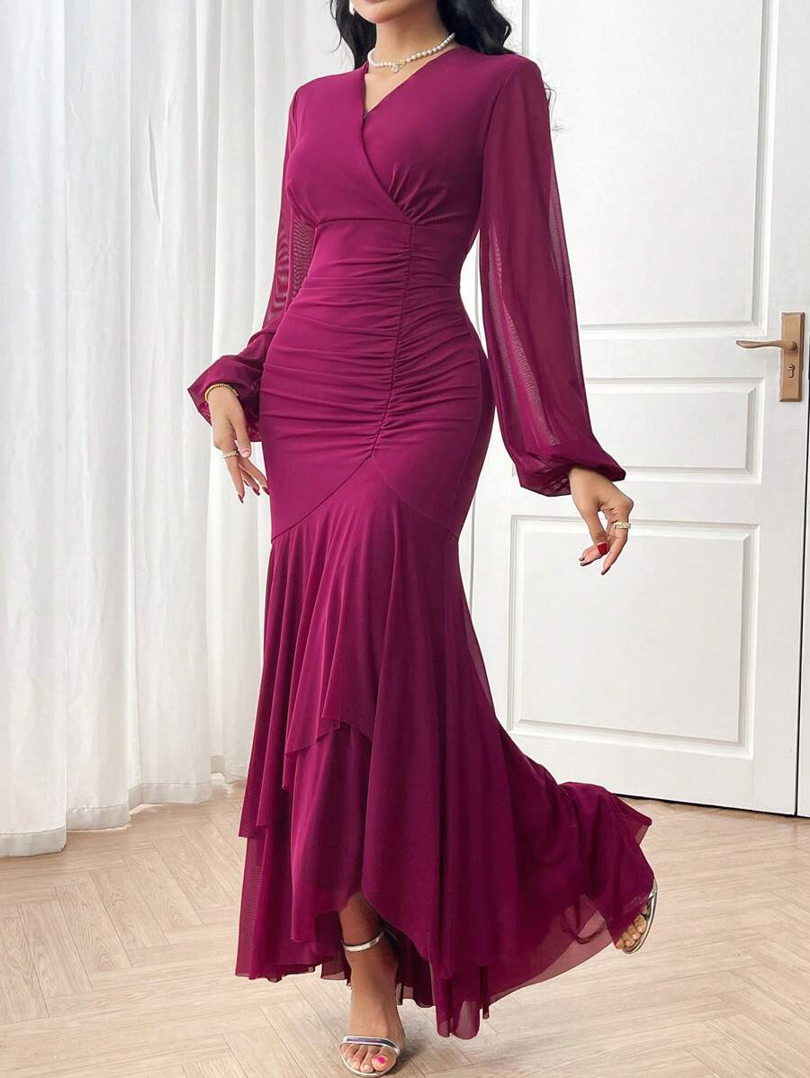 Modelyn 女士优雅纯色灯笼袖鱼尾连衣裙 - 玫瑰紅 - 查看 1