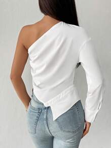 Chiquease Women's Solid Color Casual Pleated Fashion One Shoulder Long Sleeve Shirt - White - View 2