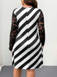 SHEIN LUNE 大码蕾丝拼布 V 领长袖休闲迷你连衣裙