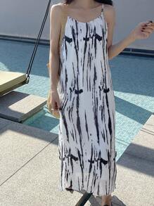 DAZY Women's Casual Vacation Contrast Color Print Slip Dress Summer Boho Sundress Maxi Dress - Black and White - View 7