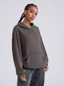 Muchica Damen Sweatshirt mit Kapuze, Kordel und Tasche, einfarbig, Lange Ärmel, Lässig, Verwaschen, Sportlich - Grau - Übersicht 7