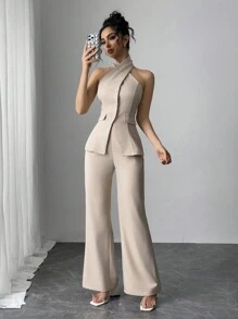 Feyla 2 件套女士纯色单排扣吊带上衣和裤子休闲装 - 杏色 - 查看 3