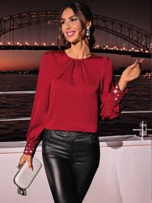 SHEIN Clasi Collar Ruffle Sparkle Patchwork Twill ShirtParty - Red - View 3