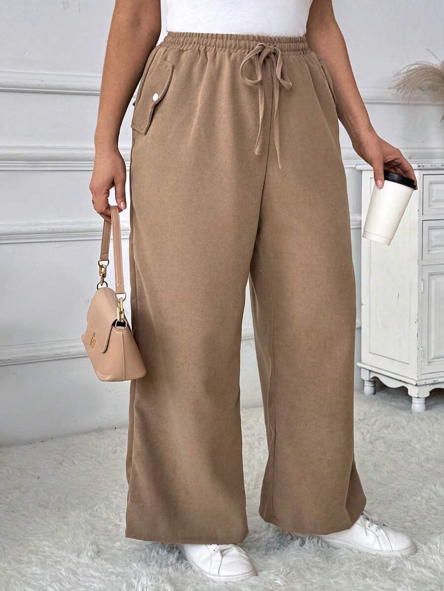 SHEIN LUNE 女式大码休闲编织斜纹侧袋抽绳腰部宽松裤，秋季