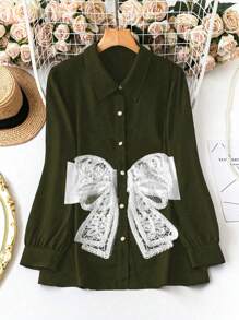 SHEIN Clasi Plus Size Women's Bow Decor Long Sleeve Single-Breasted Casual Shirt For Autumn