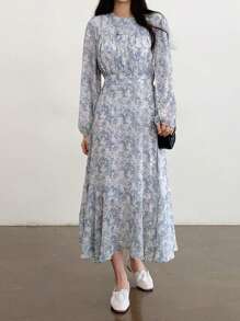 DAZY 优雅法式碎花雪纺修身泡泡袖连衣裙，适合女性，秋季长袖连衣裙，复活节连衣裙 - 藍色 - 查看 7