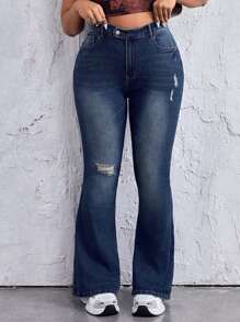 SHEIN EZwear Plus Size Women Pocket Distressed Flare Jeans