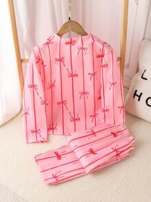2 Pieces Set Tween Girl Pink Bow Ribbon Print Collared Cardigan Sweatshirt & Casual Pants, Comfortable Loungewear - Pink - View 2