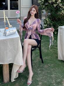 DAZY All-Over Floral Print V-Neck Tie Front Flare Sleeve Blouse For Women,Ruffle,Fall Women Clothes Long Sleeve Top - Purple - View 6