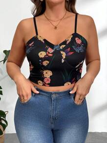 SHEIN Privé Elegant Arbeitskleidung in Große Größen für Damen, anspruchsvolle Büroarbeit, Nachmittagstee, romantische Dates, Konzerte, Partys, INS Vintage Stil, lässiges Urlaubsoutfit mit Spaghetti-Trägertop, tropisches Pflanzenmuster