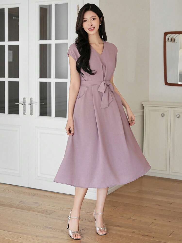 Vestido midi con cinturón de unicolor y cuello en V para uso en la oficina, vestidos casuales para mujer