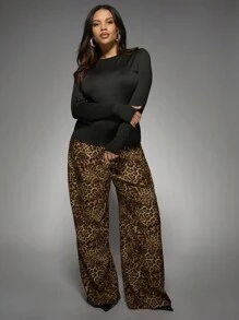 MISSGUIDED PLUS Plus Size Palazzo Wide Leg Trousers Leopard Print High Waisted Animal Pattern Statement Pants Evening Party Formal Wear Fall Winter Fashion - Multicolor - View 3