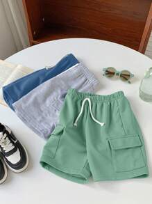 SHEIN 3pcs Young Boys Casual Sports College Street Style Cute Plain Drawstring Waist Loose Knit Shorts, Suitable For Daily Wear, School, Outing, Sports, Spring & Summer