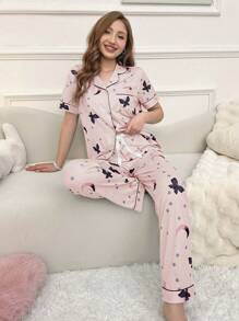 Star & Moon Butterfly Print Lapel Collar Women Pajama Set - Lilac Purple - View 3