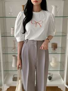 DAZY Spring/Summer New Bow Knot Printed Puff Sleeve Women T-Shirt, Stylish Cute Tops