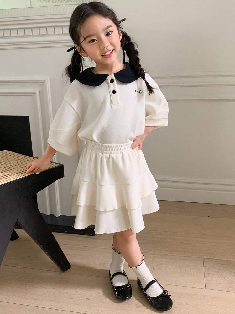 2pcs/Set Young Girl Young Girl Summer Clothes, Doll Face Splicing Letter Embroidery Short Sleeve T-Shirt + Skirt
