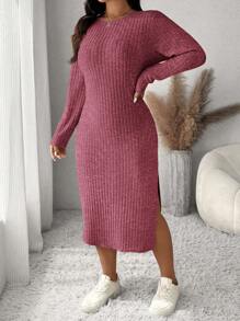 SHEIN Frenchy Plus Size Solid Color Side Slit Slim Fit Casual Dress For Autumn