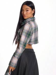 MUSERA Plaid Boxy Cropped Collared Long Sleeve Jacket Clothes - Multicolor - View 3