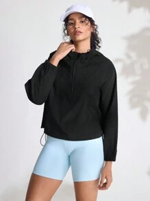 Damen einfarbige Langarm Reißverschluss Stehkragen Kapuzenjacke für den Sport