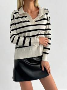 EURMUSE Femmes Chandail à manches longues avec épaules tombantes et col cranté à rayures, automne/hiver