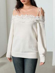 EastFlair Camiseta de punto hombros descubiertos con encaje en unicolor elegante para mujer, otoño - Blanco - Ver 3