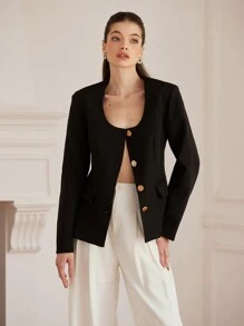 Femmeiva Italian Romantic Deep V-Neck Design Classic Solid Color Basic Minimalist Single-Breasted Metal Button Long Sleeve Blazer Fall Cloth For Women - Black - View 2