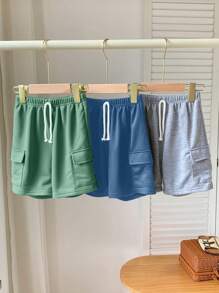 SHEIN 3pcs Young Boys Casual Sports College Street Style Cute Plain Drawstring Waist Loose Knit Shorts, Suitable For Daily Wear, School, Outing, Sports, Spring & Summer