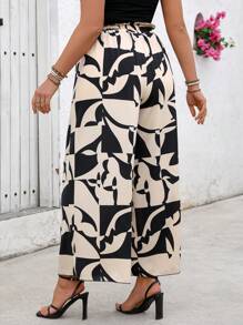 SHEIN LUNE Plus Size Black Apricot Color Woven Ruffle Hem Palazzo Pants, Resort Wear For Spring/Summer