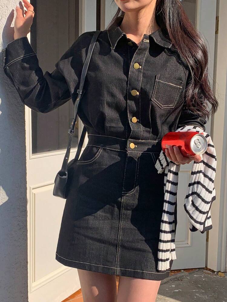 Women's Single-Breasted Pocketed Casual Denim Midi Dress, Autumn