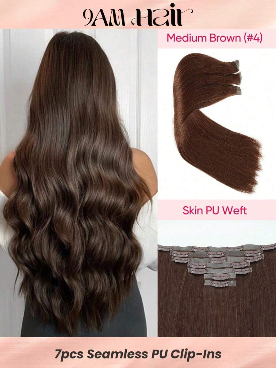 Seamless Clip Ins 115g Tóc giả PU thẳng mượt, màu nâu trung bình, liền mạch, 7 chiếc kẹp vào tóc thật, kẹp vào tóc giả