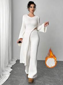 SHEIN Privé Conjunto de 2 piezas para mujer, camiseta de manga larga blanca elegante con mangas acampanadas y pantalón de cintura alta, forro térmico abrigador, efecto estilizador, dobladillo asimétrico, conjunto casual de otoño/invierno para estar en casa - Blanco - Ver 1