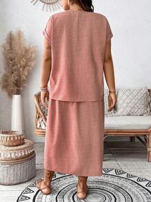 SHEIN LUNE Plus-Size Women's Woven Plain Casual Summer Two-Piece Set