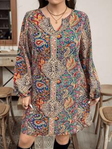 SHEIN LUNE Vestido casual holgado de mujer talla grande con estampado de paisley, cuello en V y puños elásticos, para vacaciones, ropa occidental, ropa vintage, vestido bohemio, vestido de primavera, ropa de resort, vestido de club, vestido tropical, ropa de primavera, ropa de verano, atuendos de primavera para mujer